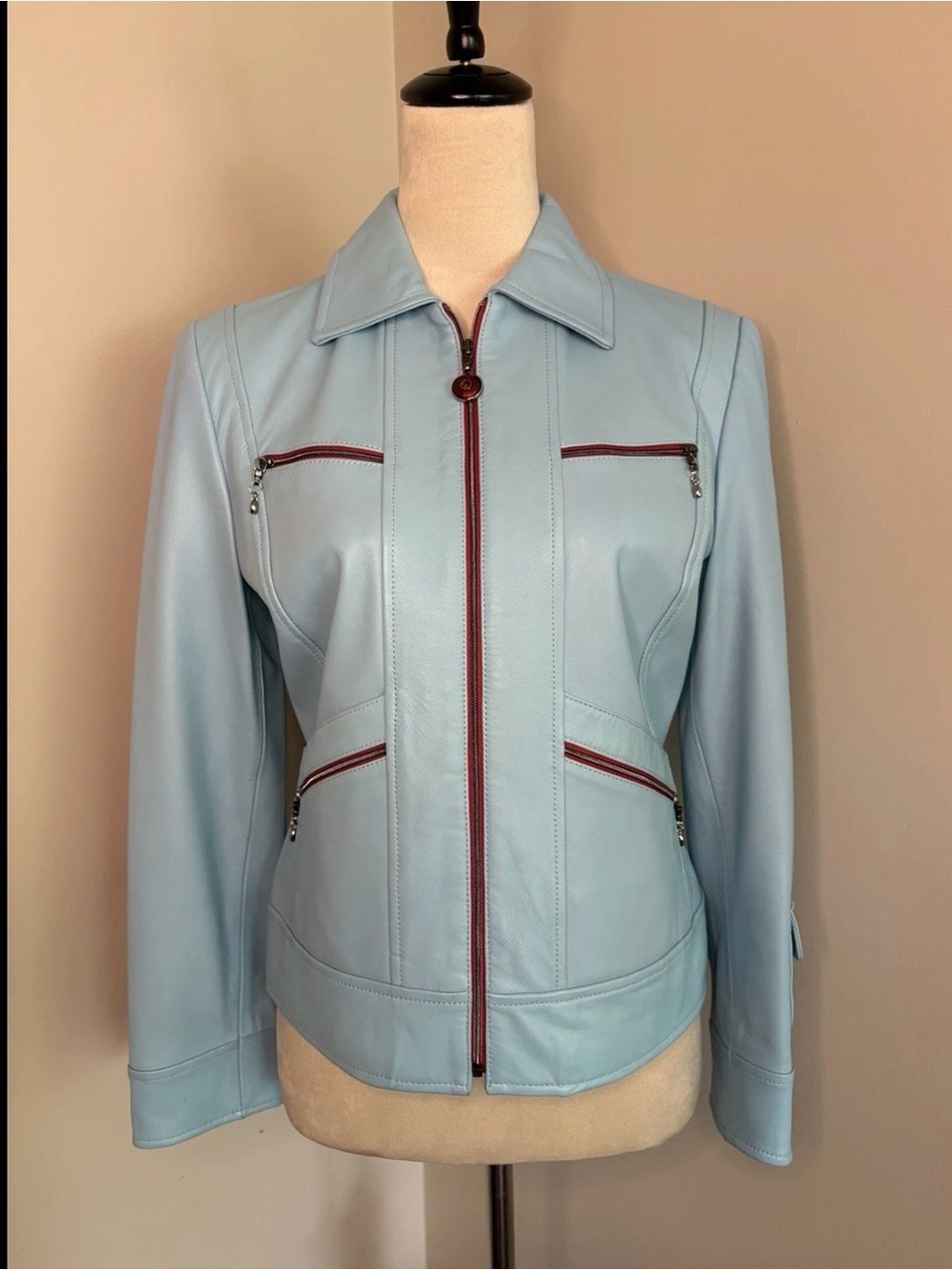 Vintage St. John Sport by Marie Gray Light Blue Leather Moto Jacket Y2K P XS